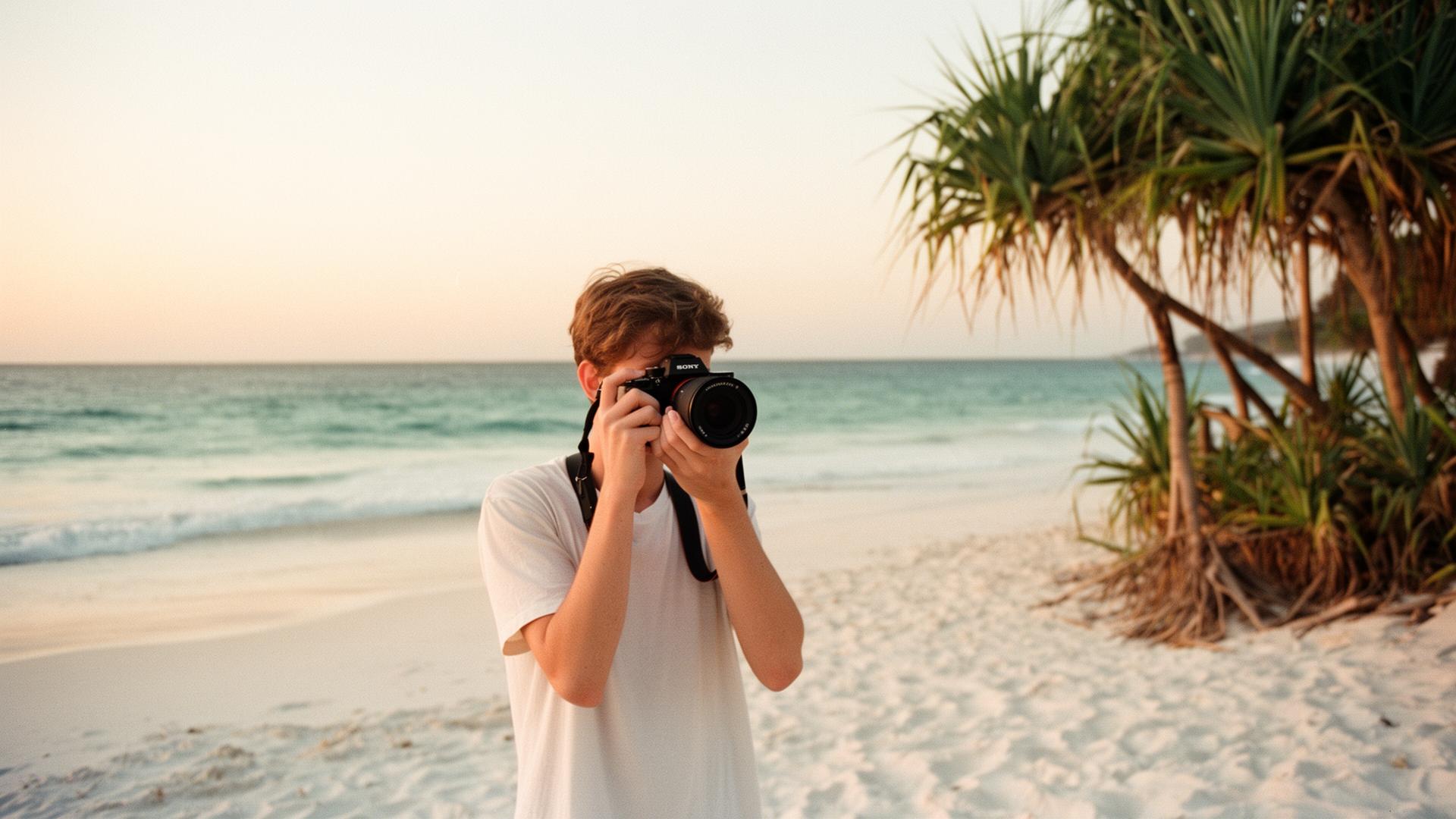 Photographer with hired Sony camera shooting on Noosa Main Beach at golden hour