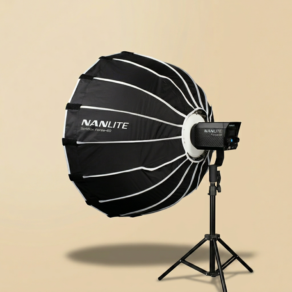 Nanlite Forza 60B II + Softbox Kit for hire in Noosa — Bi-colour LED monolight with 55cm parabolic softbox · battery-powered
