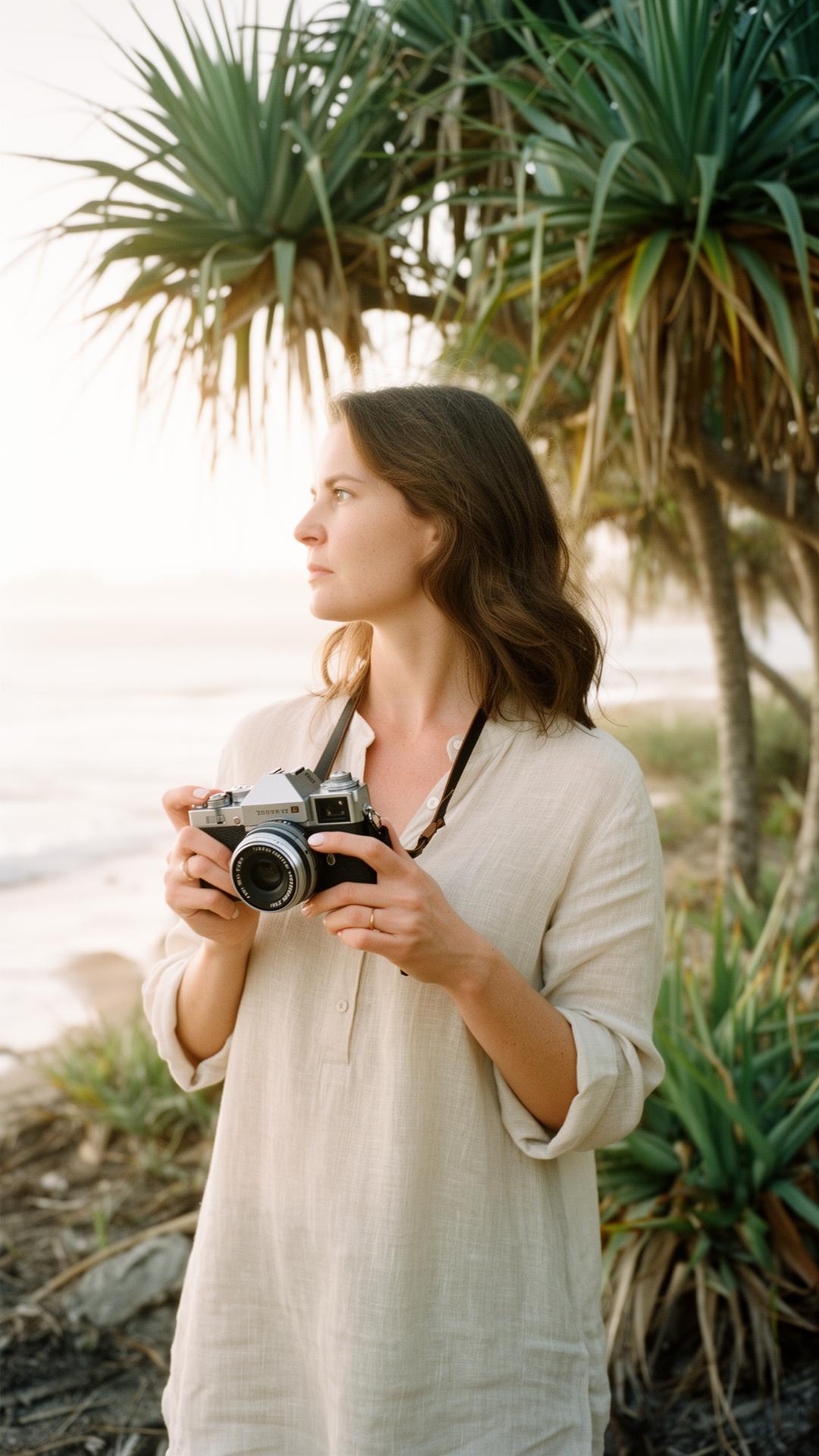 Owner of Noosa Camera Hire holding a Sony mirrorless camera at Noosa Main Beach